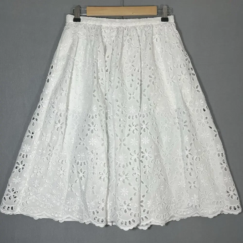 J.Crew‎ Full Midi in White Lined Embroidered Eyelet A-line Skirt 2